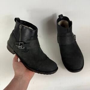 Ugg Cheyne Ankle Boots Womens 8.5 Black Leather Sheepskin Side-Zip Waterproof